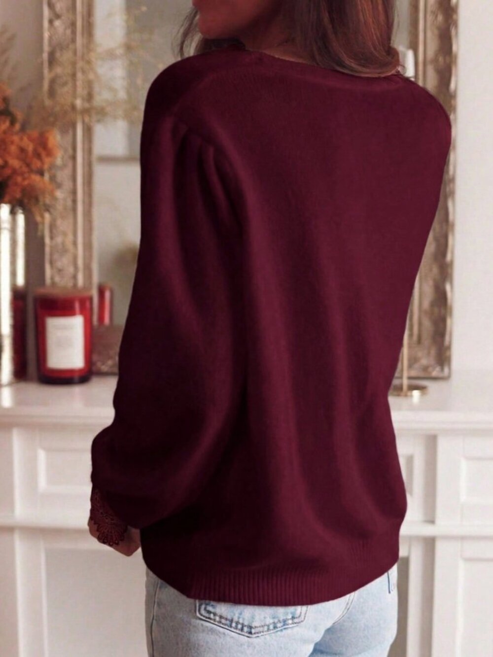 Burgundy Casual Women's Loose Fit Lace Trim V-Neck Knit Cardigan - Picture 2 of 9